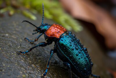 Close-up macro photograph of a bombardier beetle on a wet stone in temperate woodland, its rusty-orange thorax and dark wing covers in sharp detail.