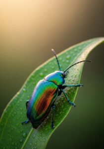 Close-up portrait of an iridescent jewel beetle on a green leaf, dramatic natural light
