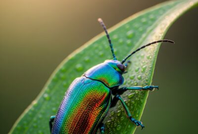 Close-up portrait of an iridescent jewel beetle on a green leaf, dramatic natural light