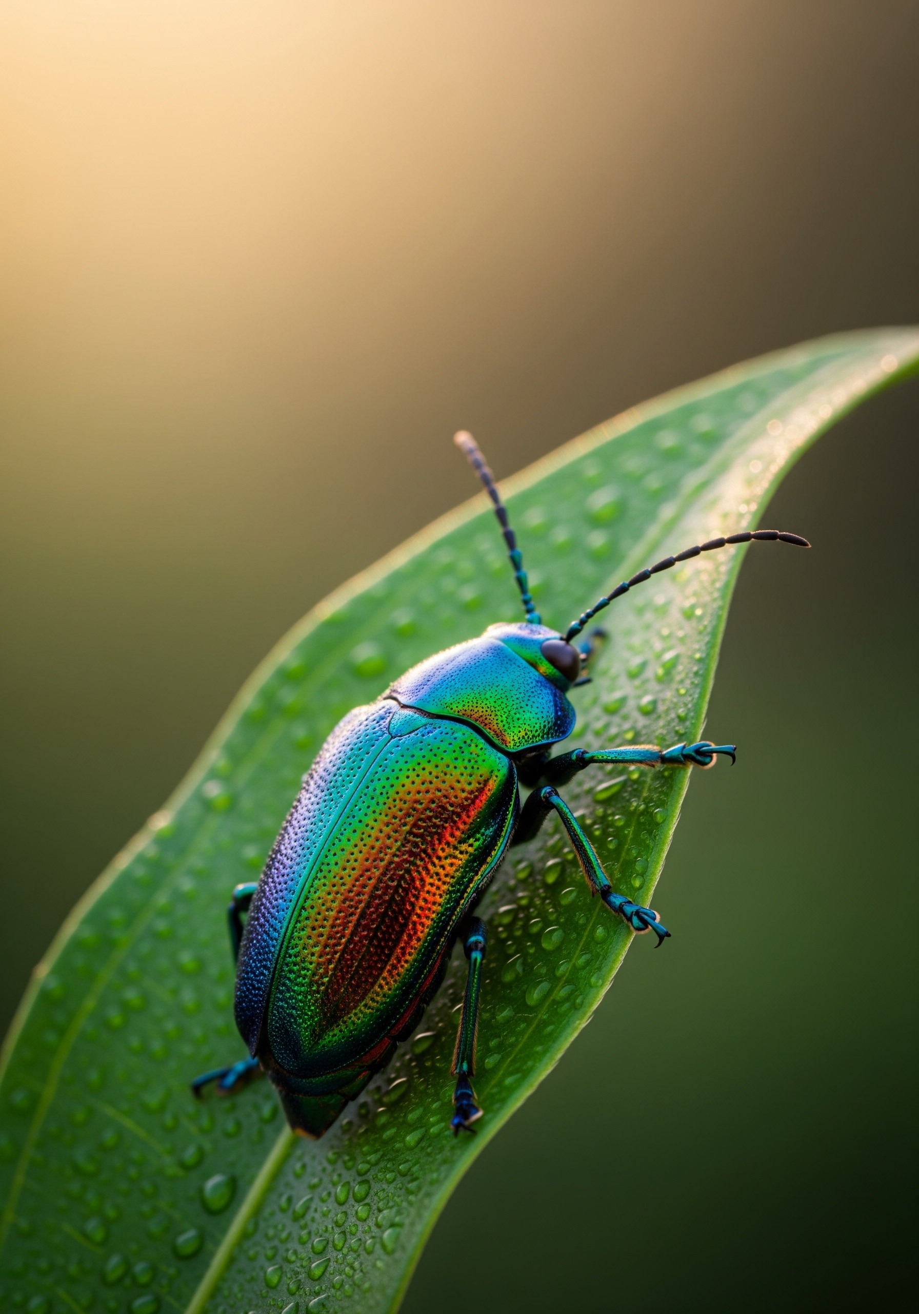 Close-up portrait of an iridescent jewel beetle on a green leaf, dramatic natural light