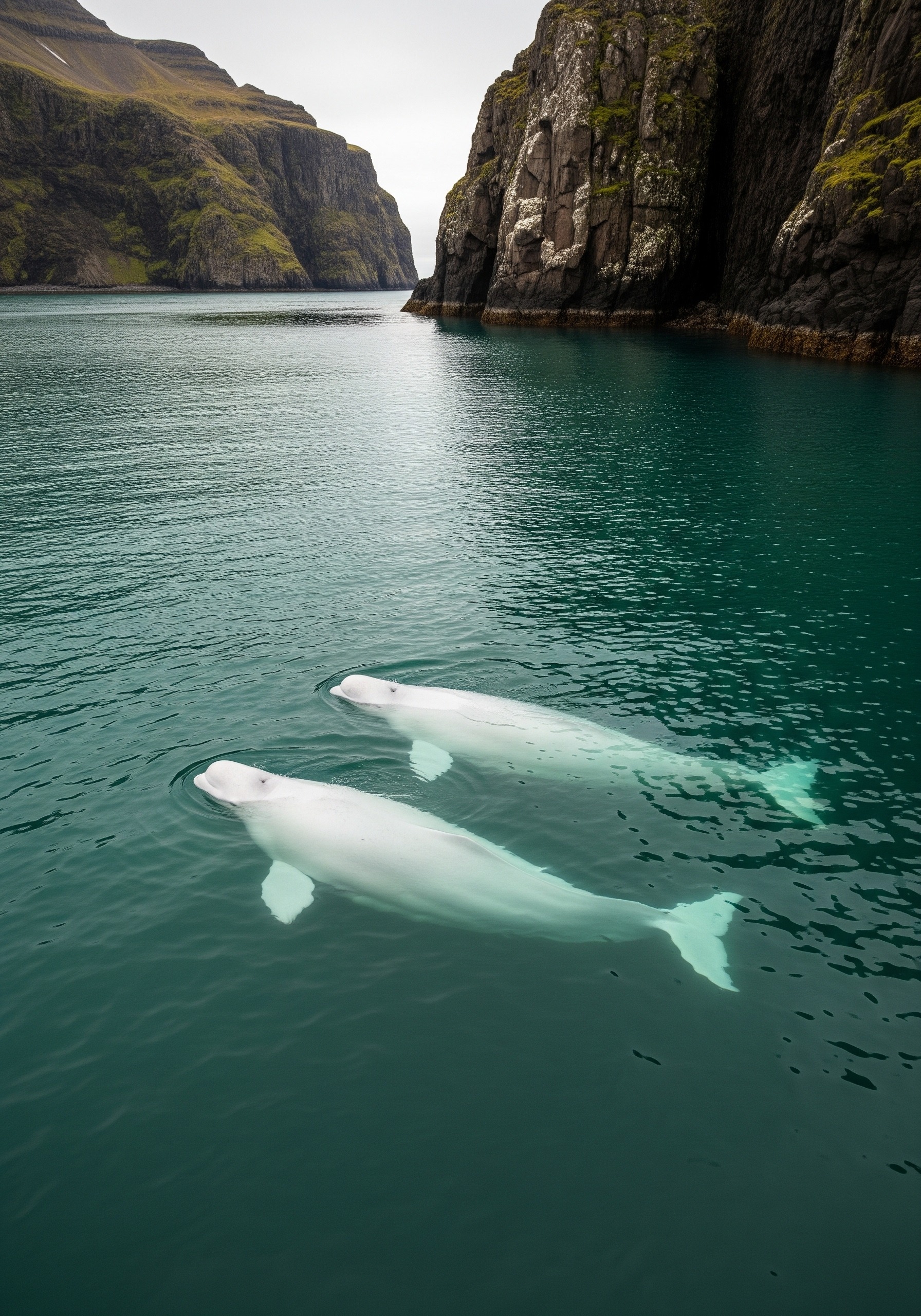Two pale beluga whales swimming in a cold tidal sea bay surrounded by Icelandic cliffs