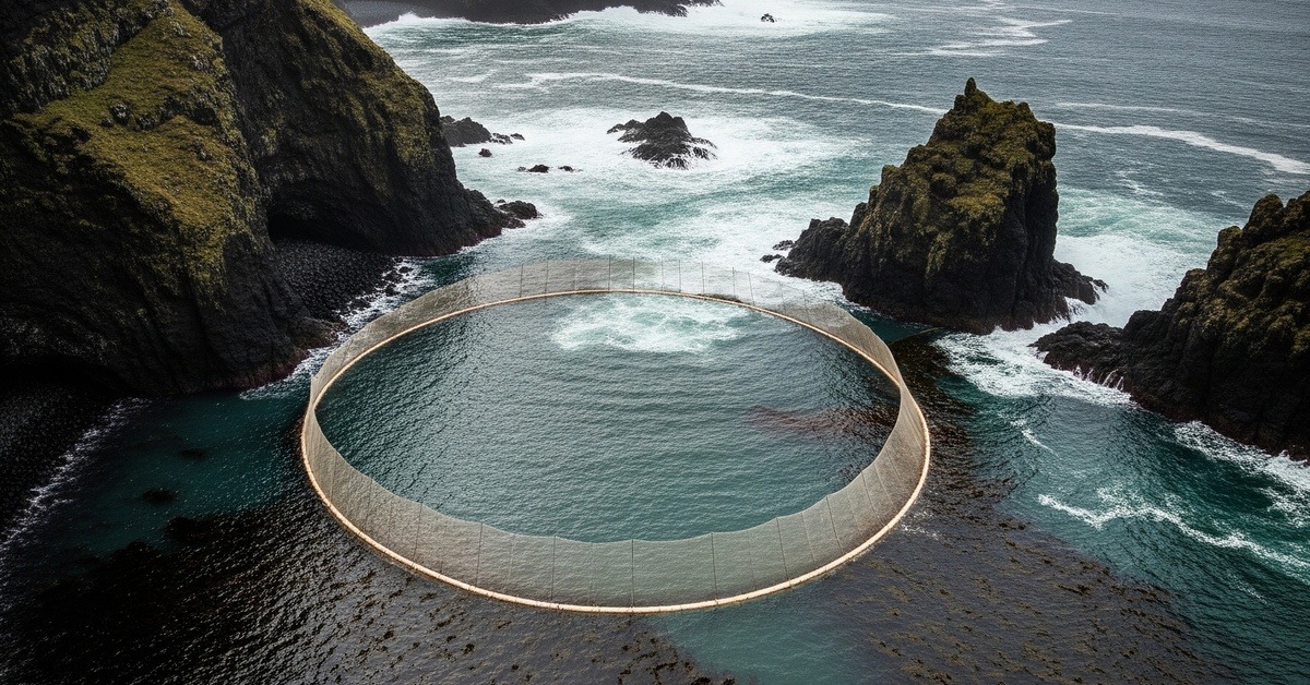 Aerial view of a netted ocean sanctuary bay tucked beneath steep volcanic island cliffs