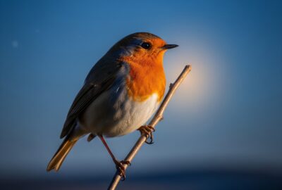 European robin perched at twilight with the night sky behind it, illustrating the cryptochrome-based magnetic compass songbirds use to navigate during migration.