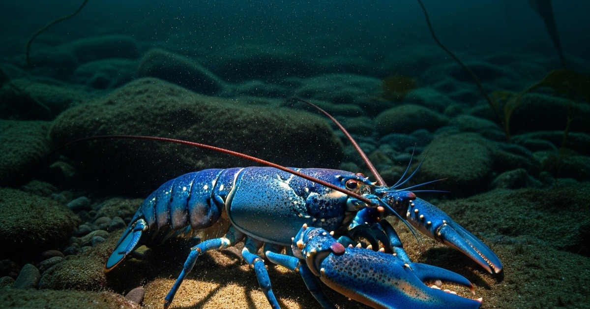 Rare electric-blue lobster resting on rocky Atlantic seafloor in dim underwater light