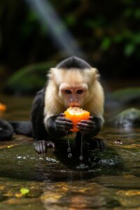 A white-faced capuchin monkey crouched at a forest stream edge holding a piece of fruit