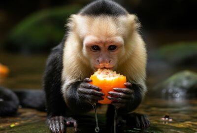 A white-faced capuchin monkey crouched at a forest stream edge holding a piece of fruit