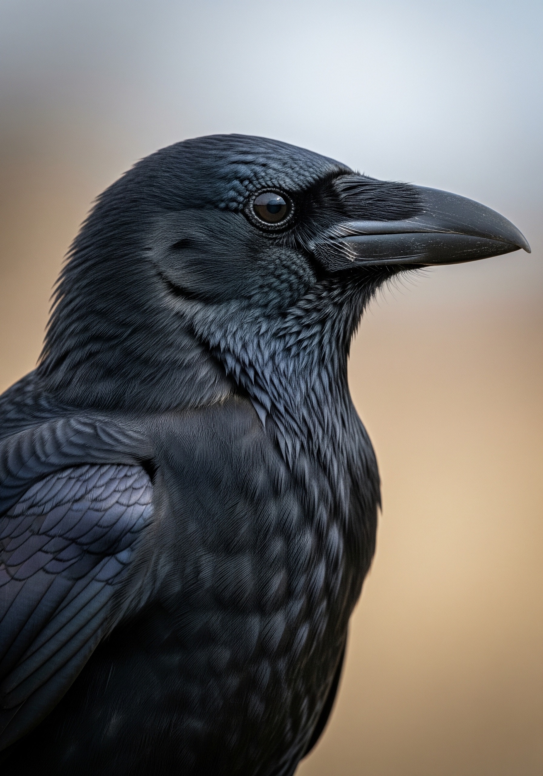 Close-up portret van een zwarte aaskraai met een intelligente, waakzame blik, dramatisch natuurlijk licht