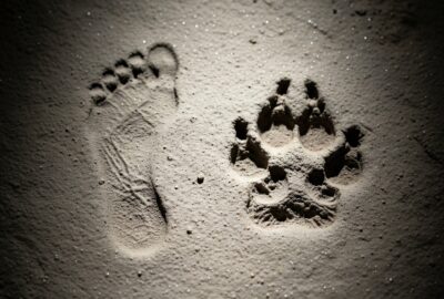 Small bare child footprints pressed into pale clay cave floor beside larger canine paw tracks