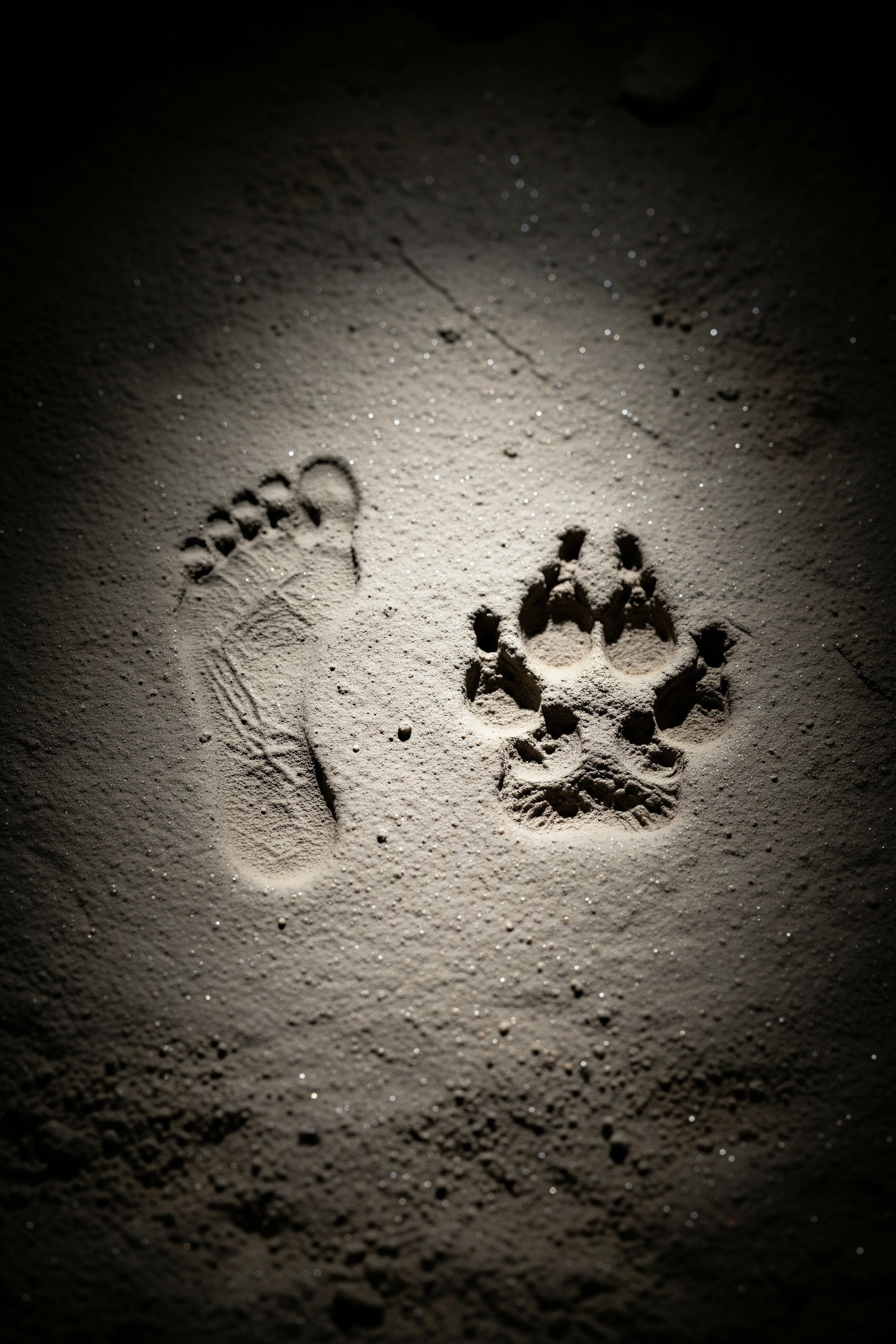 Small bare child footprints pressed into pale clay cave floor beside larger canine paw tracks