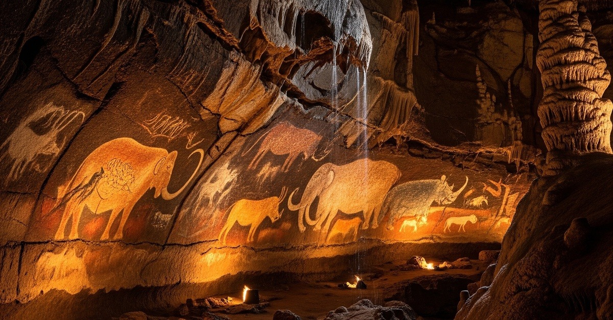 Torch-lit limestone cave chamber with charcoal paintings of lions and mammoths on the wall