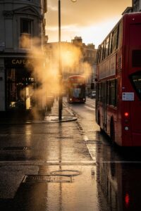 A red London double-decker bus on a wet city street at dawn beside a café