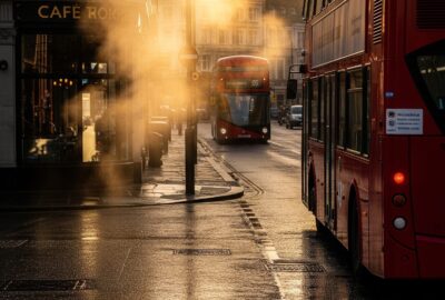A red London double-decker bus on a wet city street at dawn beside a café