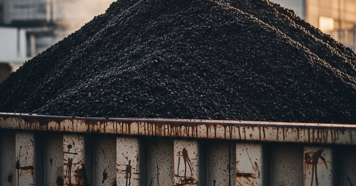 A mound of dark wet spent coffee grounds in an industrial collection container