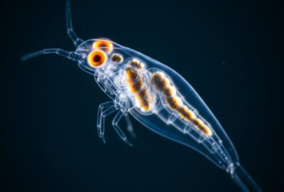 Close-up of the transparent planktonic copepod Copilia showing its two large orange telescope-like eye lenses in dark water