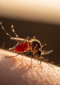 A close-up of an Anopheles mosquito on human skin at the moment of biting, the world's deadliest animal to humans.