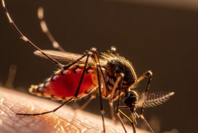 A close-up of an Anopheles mosquito on human skin at the moment of biting, the world's deadliest animal to humans.
