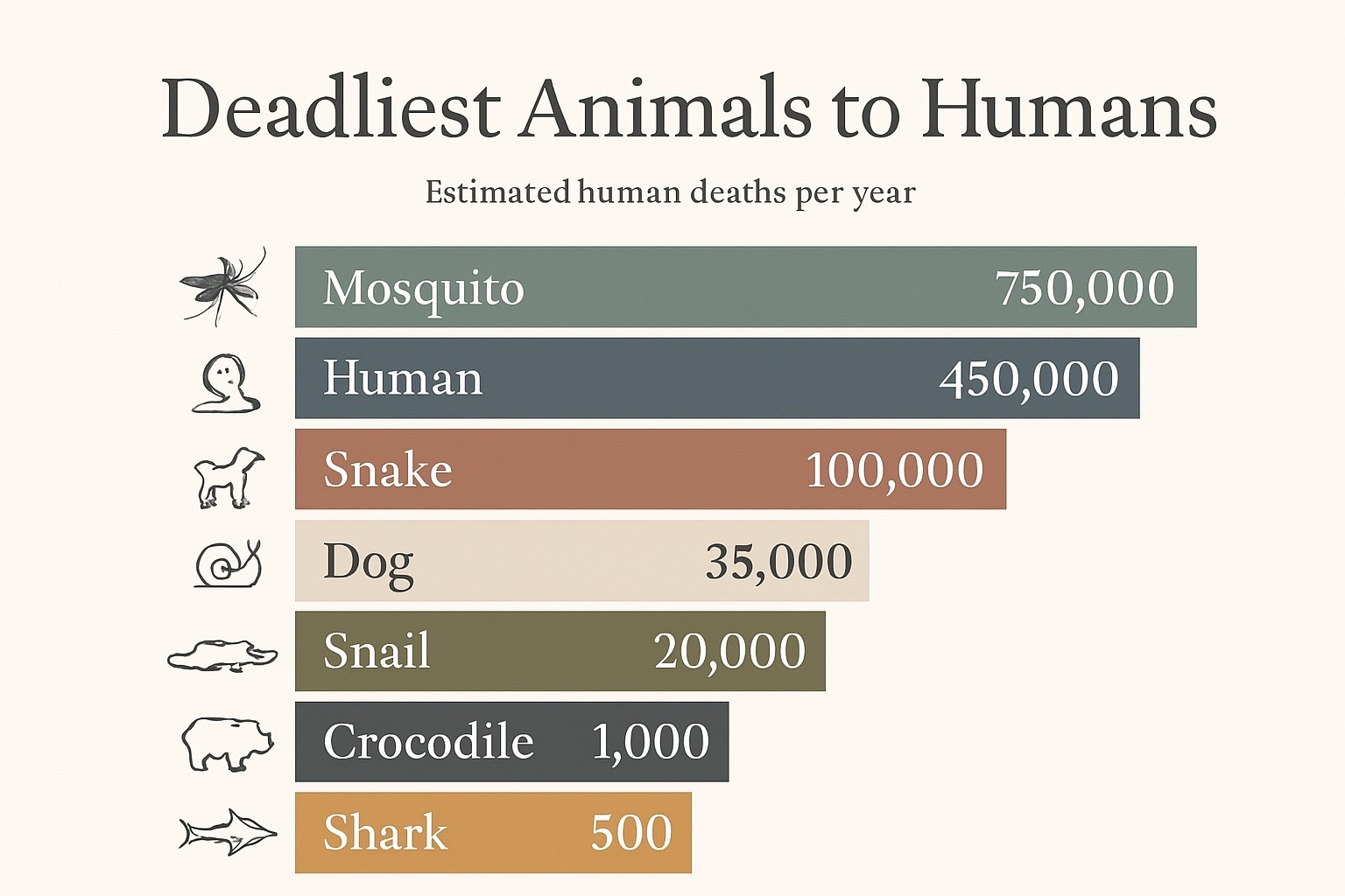 The Deadliest Animals to Humans, Ranked by Annual Deaths infographic