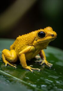 Close-up portrait of a golden poison frog (Phyllobates terribilis) glistening on a wet rainforest leaf, brilliant lemon-yellow skin, the most poisonous animal on Earth.