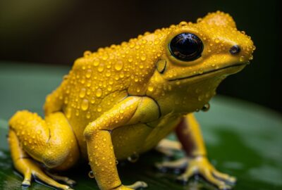 Close-up portrait of a golden poison frog (Phyllobates terribilis) glistening on a wet rainforest leaf, brilliant lemon-yellow skin, the most poisonous animal on Earth.