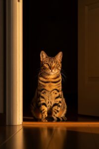 An amber-eyed tabby cat sitting alert in a doorway watching over a dim quiet room