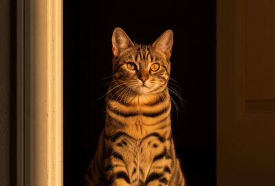An amber-eyed tabby cat sitting alert in a doorway watching over a dim quiet room