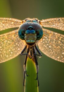 Close-up portrait of a large emperor dragonfly showing its compound eyes and serrated mandibles