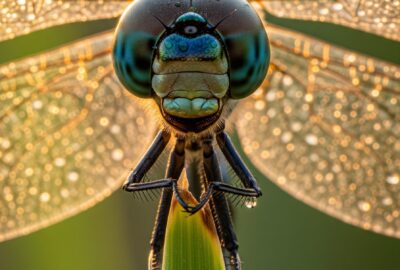 Close-up portrait of a large emperor dragonfly showing its compound eyes and serrated mandibles