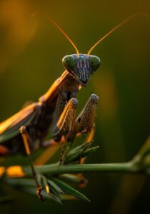 Close-up portrait of a green European praying mantis on a stem, head turned toward the camera with raptorial forelegs folded in the classic prayer pose.