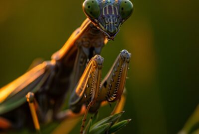 Close-up portrait of a green European praying mantis on a stem, head turned toward the camera with raptorial forelegs folded in the classic prayer pose.