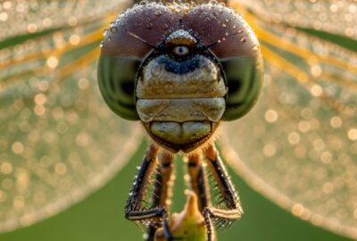 Extreme close-up macro photograph of a dragonfly's head and compound eyes, showing thousands of hexagonal facets glowing in early-morning light.