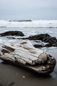 A weathered piece of bark-stripped driftwood resting on dark wet sand along a cold northern shoreline