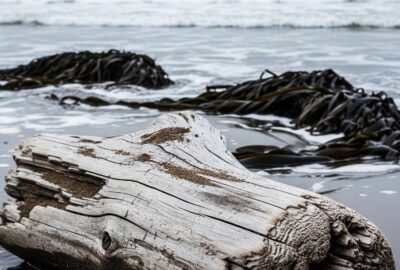 A weathered piece of bark-stripped driftwood resting on dark wet sand along a cold northern shoreline