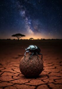 Close-up of a black dung beetle perched on a perfectly rounded ball of dung on red African earth at twilight, faint Milky Way visible above.