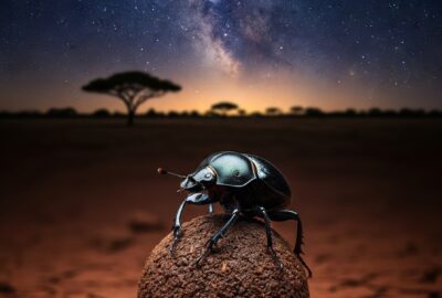 Close-up of a black dung beetle perched on a perfectly rounded ball of dung on red African earth at twilight, faint Milky Way visible above.