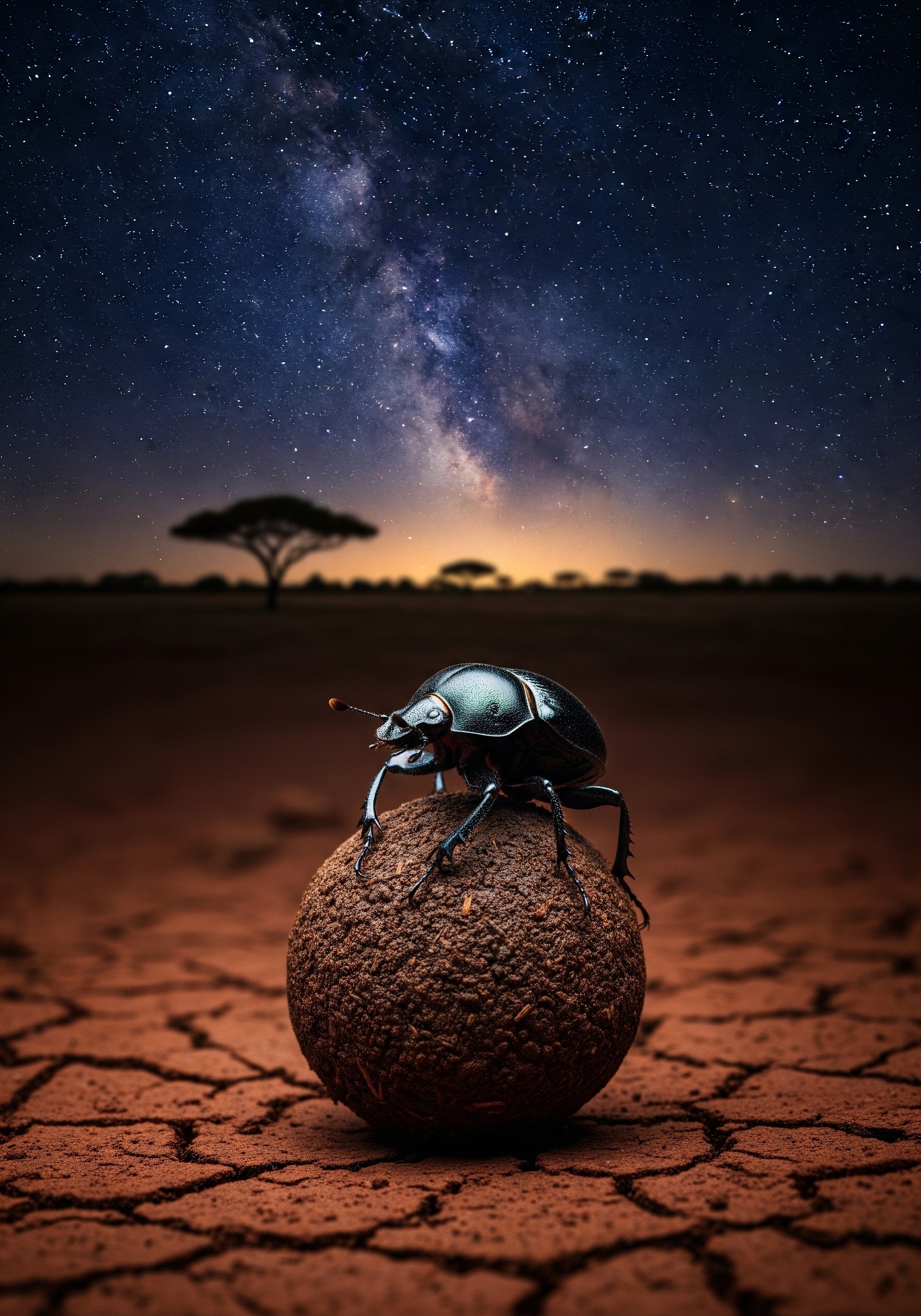 Close-up of a black dung beetle perched on a perfectly rounded ball of dung on red African earth at twilight, faint Milky Way visible above.