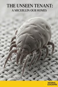 Extreme macro view of a translucent eight-legged dust mite on textile fibres under studio light