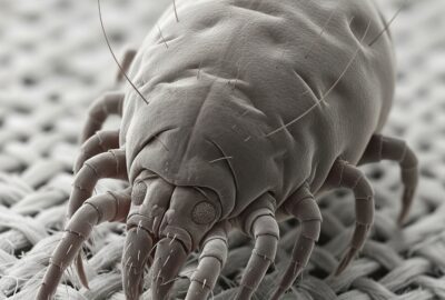Extreme macro view of a translucent eight-legged dust mite on textile fibres under studio light
