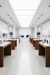 Interior of a glossy white Apple-style retail store with wooden display tables and bright lighting