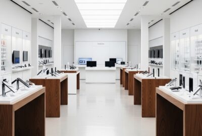 Interior of a glossy white Apple-style retail store with wooden display tables and bright lighting