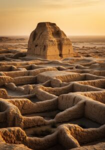Ruins of the ancient Sumerian city of Uruk in southern Iraq at sunset, with eroded mudbrick walls and a low ziggurat platform against a hazy desert sky