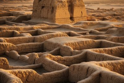 Ruins of the ancient Sumerian city of Uruk in southern Iraq at sunset, with eroded mudbrick walls and a low ziggurat platform against a hazy desert sky