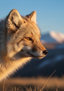 Tibetan fox (Vulpes ferrilata) on alpine grassland of the Tibetan Plateau, head-on close-up showing its iconic square-shaped head, narrow slit-like eyes and thick winter coat in warm golden-hour light