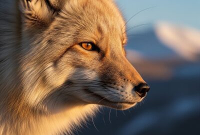 Tibetan fox (Vulpes ferrilata) on alpine grassland of the Tibetan Plateau, head-on close-up showing its iconic square-shaped head, narrow slit-like eyes and thick winter coat in warm golden-hour light