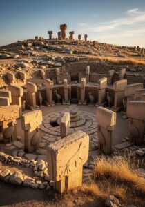 Photorealistic hero image of the Göbekli Tepe archaeological site at golden hour in southeastern Türkiye, monumental T-s