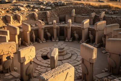 Photorealistic hero image of the Göbekli Tepe archaeological site at golden hour in southeastern Türkiye, monumental T-s
