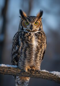 Close-up portrait of a great horned owl with prominent feather tufts and large yellow eyes, perched on a snowy oak branch at dusk