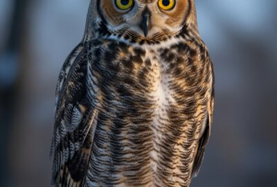 Close-up portrait of a great horned owl with prominent feather tufts and large yellow eyes, perched on a snowy oak branch at dusk