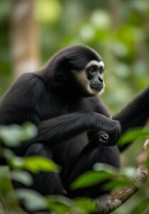 Photorealistic National Geographic wildlife portrait of an adult male Hainan gibbon (Nomascus hainanus) in profile in lu