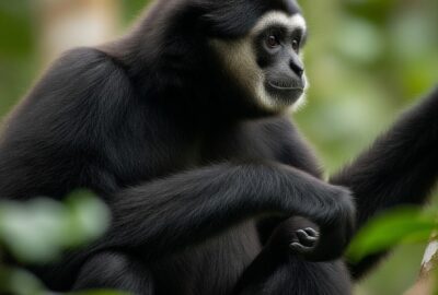 Photorealistic National Geographic wildlife portrait of an adult male Hainan gibbon (Nomascus hainanus) in profile in lu