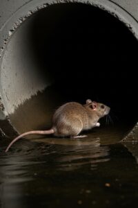 A brown rat swimming through dark water inside a curved concrete sewer pipe